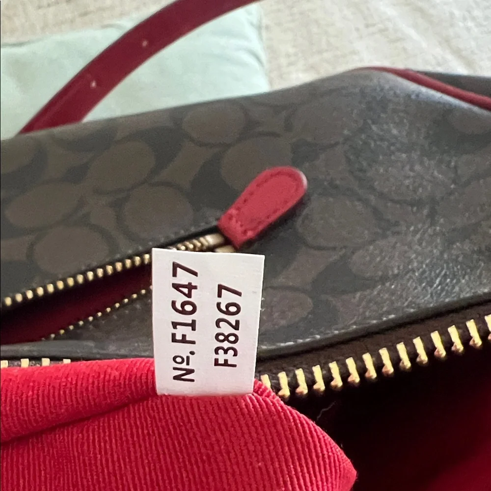 Coach Harley East/West Hobo in Signature - crescent canvas with red leather trim